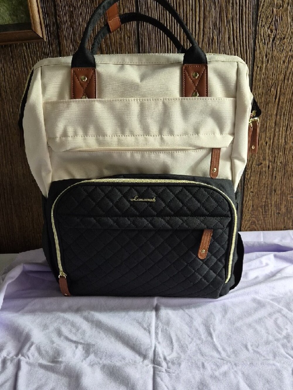Quilted Black & Cream Canvas Backpack with Brown Trim XL - Picture 11 of 11